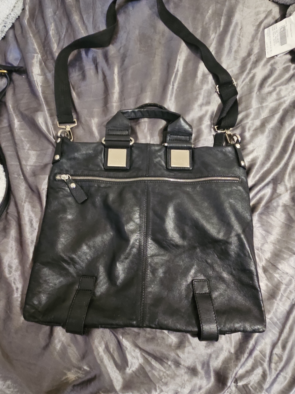 NICOLA Black Leather Crossbody Tote with Silver Hardware